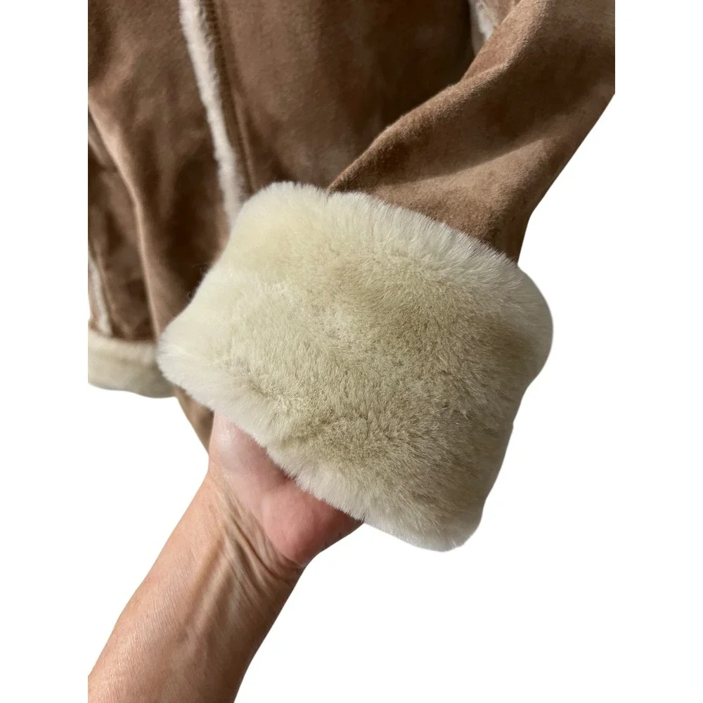 Wilsons Leather‎ Maxima Tan Suede Faux Shearling Fur Trim Zip Jacket Medium